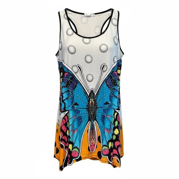 EUC CR Women’s Colorful Studded Butterfly Tank Top Shark Hem Line - Size XL - Picture 2 of 9